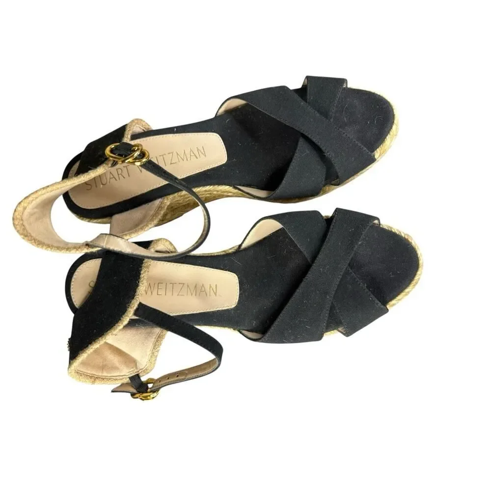 Stuart Weitzman Mirela Espadrille Wedge Sandals Black Natural 9B - Picture 9 of 11